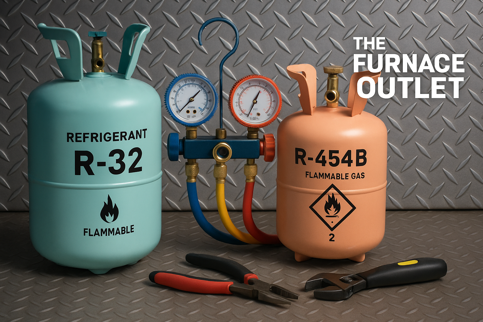 A digital photograph displays two refrigerant cylinders—R-32 and R-454B—marked as flammable, placed alongside HVAC manifold gauges and technician tools on a diamond-patterned metal floor. The Furnace Outlet branding appears prominently in white text, emphasizing safety and professionalism in A2L refrigerant handling.