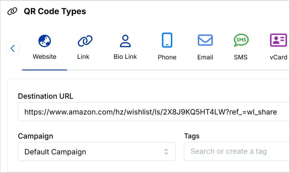 Choose website as QR code type