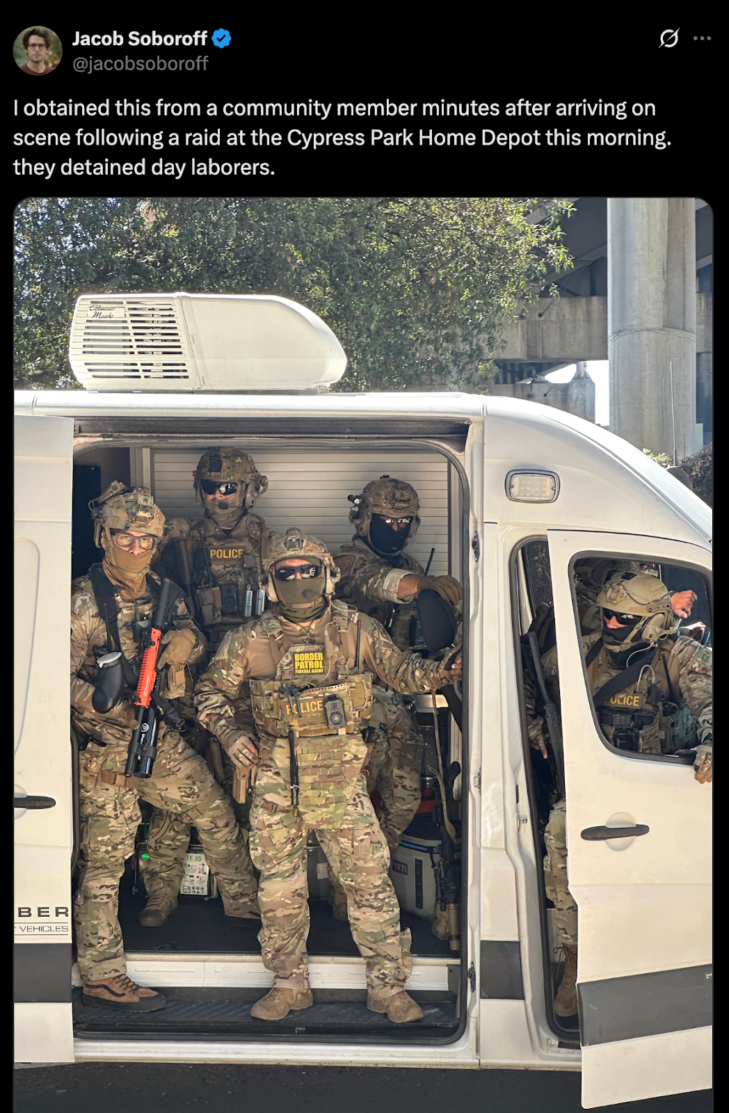 Tweet from NBC News reporter Jacob Soboroff with text: I obtained this from a community member minutes after arriving on scene following a raid at the Cypress Park Home Depot this morning. they detained day laborers. and an image of masked, military-clad ICE agents.