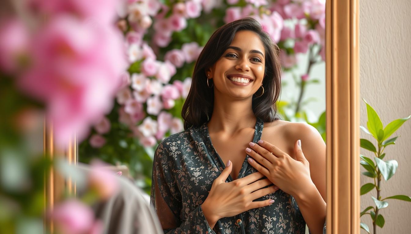 A person standing in front of a mirror, looking at themselves with a smile on their face. The reflection in the mirror shows them surrounded by blooming flowers and lush greenery. The person's hand is placed on their chest, as if feeling the warmth of self-love radiating from within.