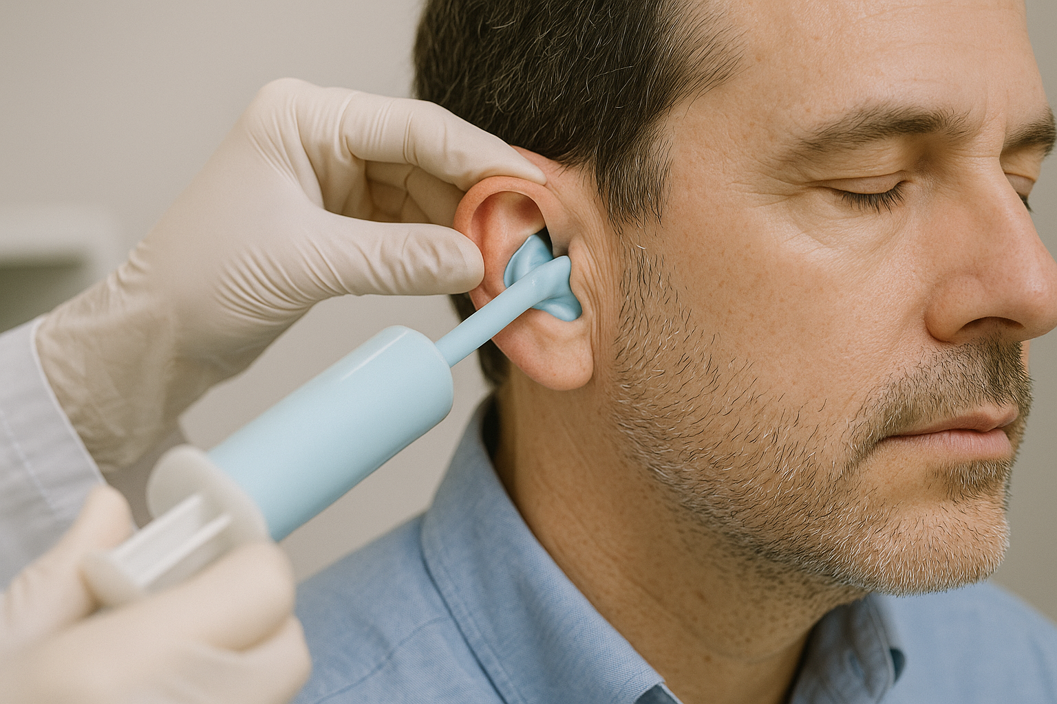 A close-up of a clinician applying mold material inside a patient’s ear to create a custom impression for hearing aid fitting.