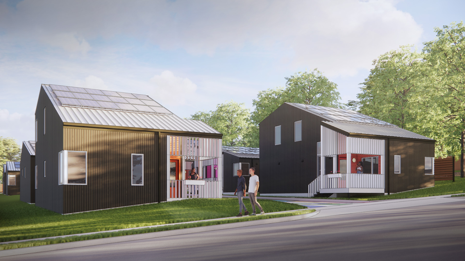 [Alt text: Renderings of Our Spot KC’s Lion House Cottages, showing two homes with wooden walls, and solar panels on metal roofs. Each house has a front porch and large windows. The scene includes green lawns, trees, and a sidewalk with a few people walking and standing nearby.]