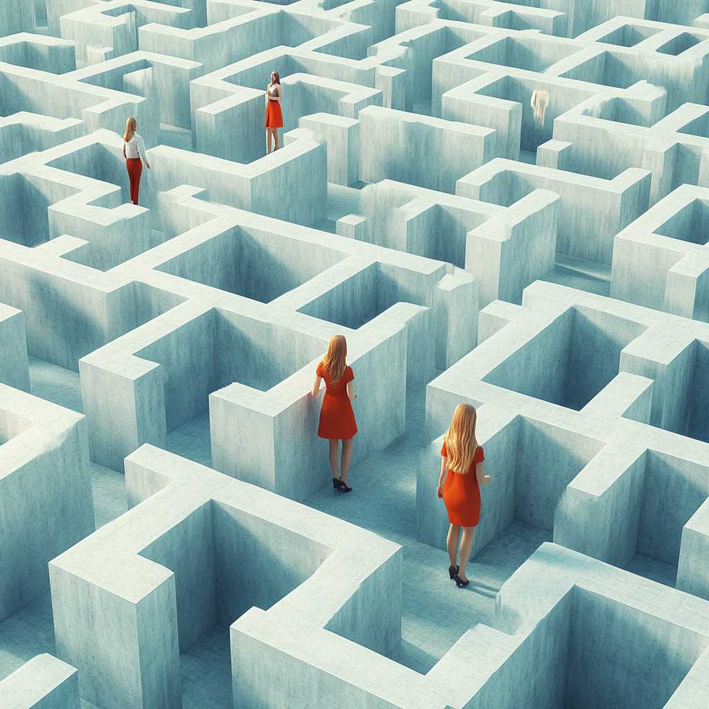 HR professionals navigating a complex maze with pathways symbolizing different hiring strategies, illustrating the journey to attract and retain skilled workers.