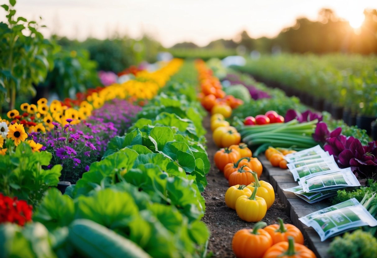 A variety of colorful flowers and vegetables arranged in neat rows, with gardening tools and seed packets scattered nearby