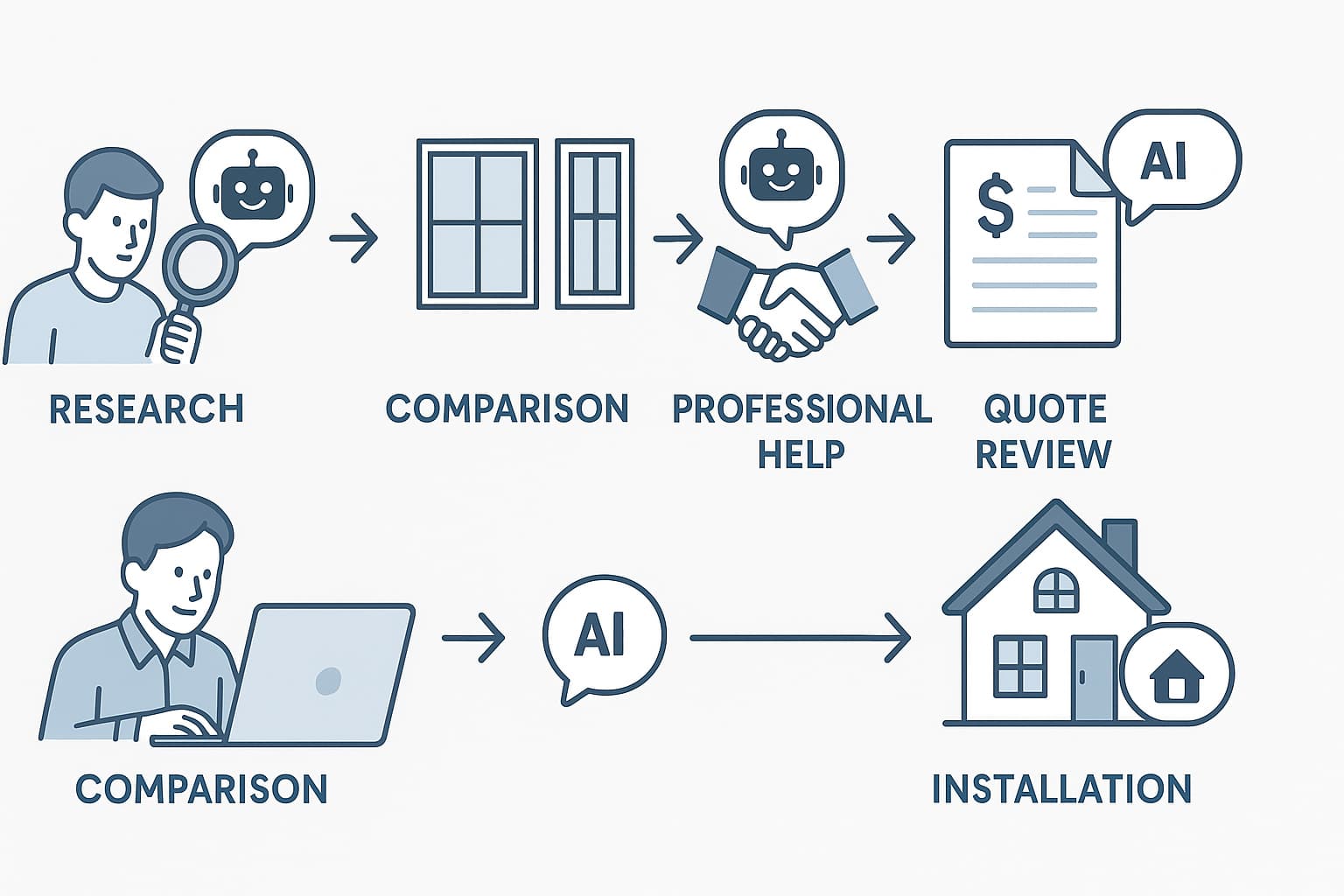 Customer journey stages for window replacement and door installation with AI chatbot support for generating leads.
