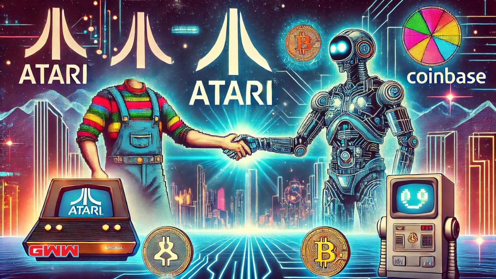 A futuristic scene representing the partnership between Atari and Coinbase