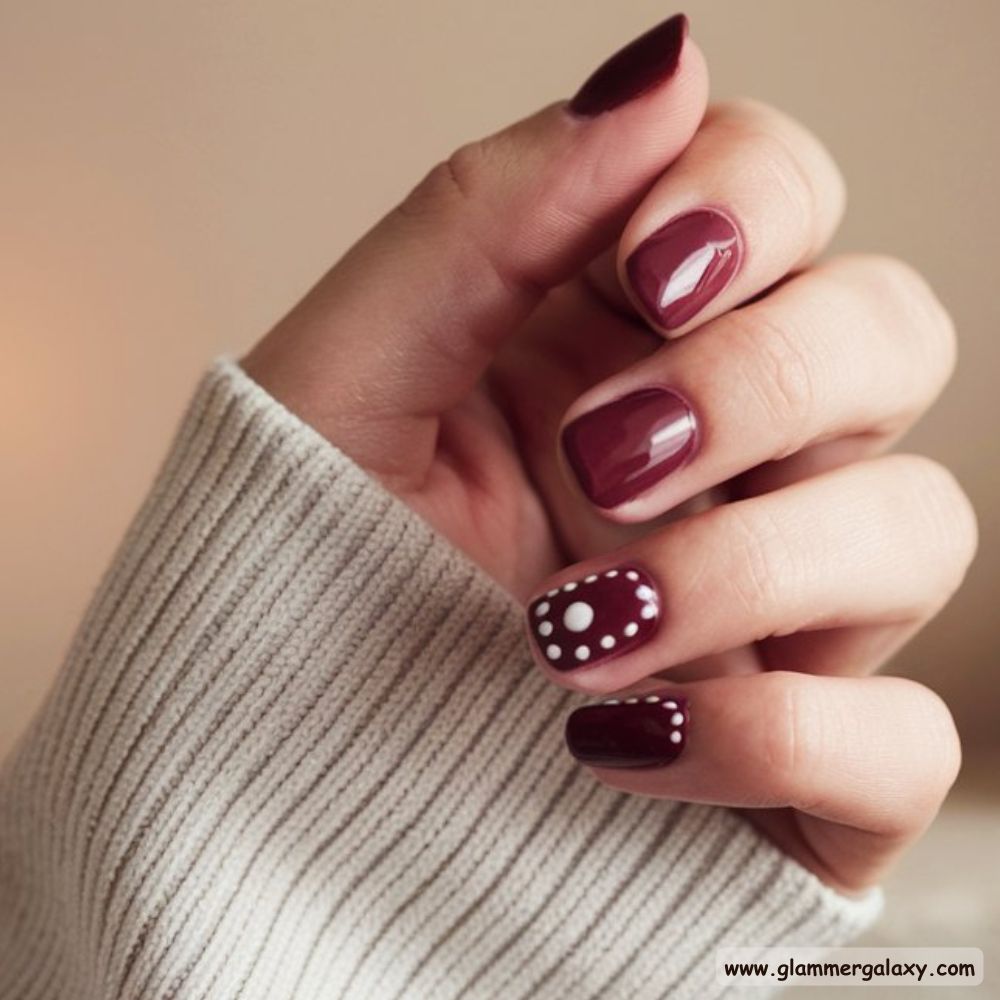 Burgundy fall Nails with Playful Dot Accents