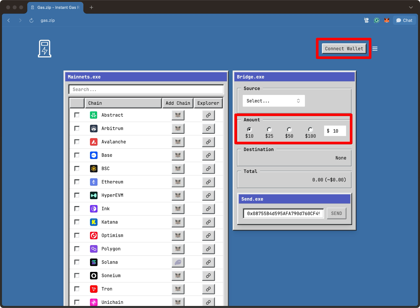 Gas.zip interface for bridging gas across multiple blockchains, showing network selection, amount input, and connect wallet option in a retro-style UI.