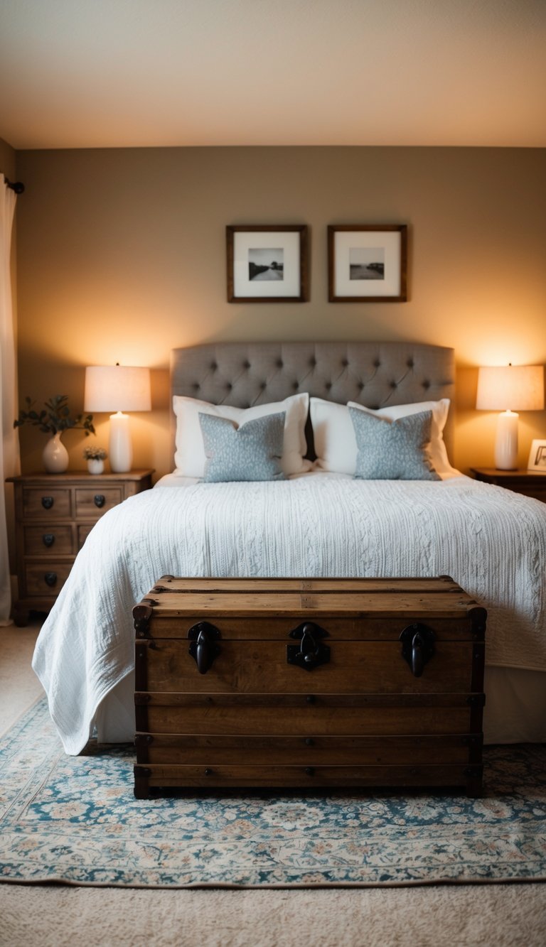 A rustic wooden trunk sits at the foot of a cozy bed in a warm, inviting bedroom