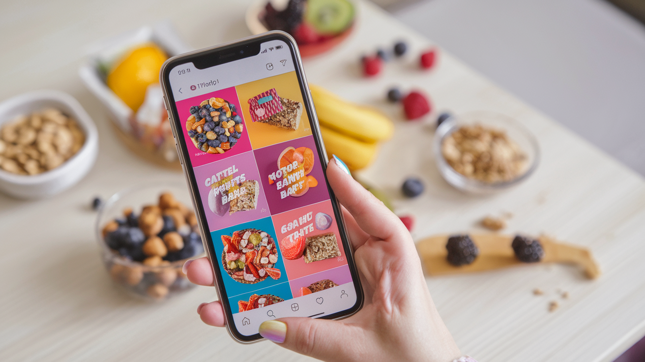 Create a realistic image of a vibrant social media feed displayed on a smartphone screen, showing multiple posts of colorful, healthy snacks with catchy slogans overlaid. The screen is held by a young white female hand with pastel nail polish. In the background, blurred healthy ingredients like nuts, berries, and granola are scattered on a light wooden table.