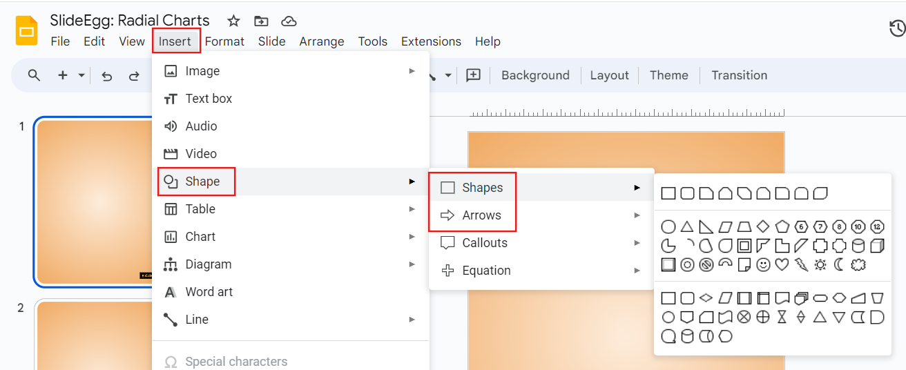 Insert > Shapes > Shapes, Arrows Option in Google Slides