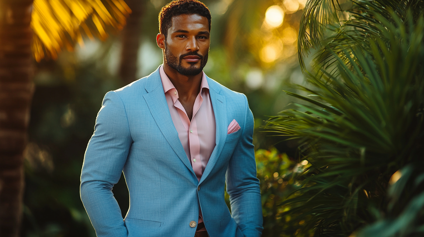 A fashionable man wearing a light blue suit with a soft pink shirt. The setting is an outdoor summer event with bright natural lighting, greenery, and a relaxed yet elegant vibe. The suit is lightweight, paired with a complementary tie and loafers. Photorealistic, high detail, fashion photography style.