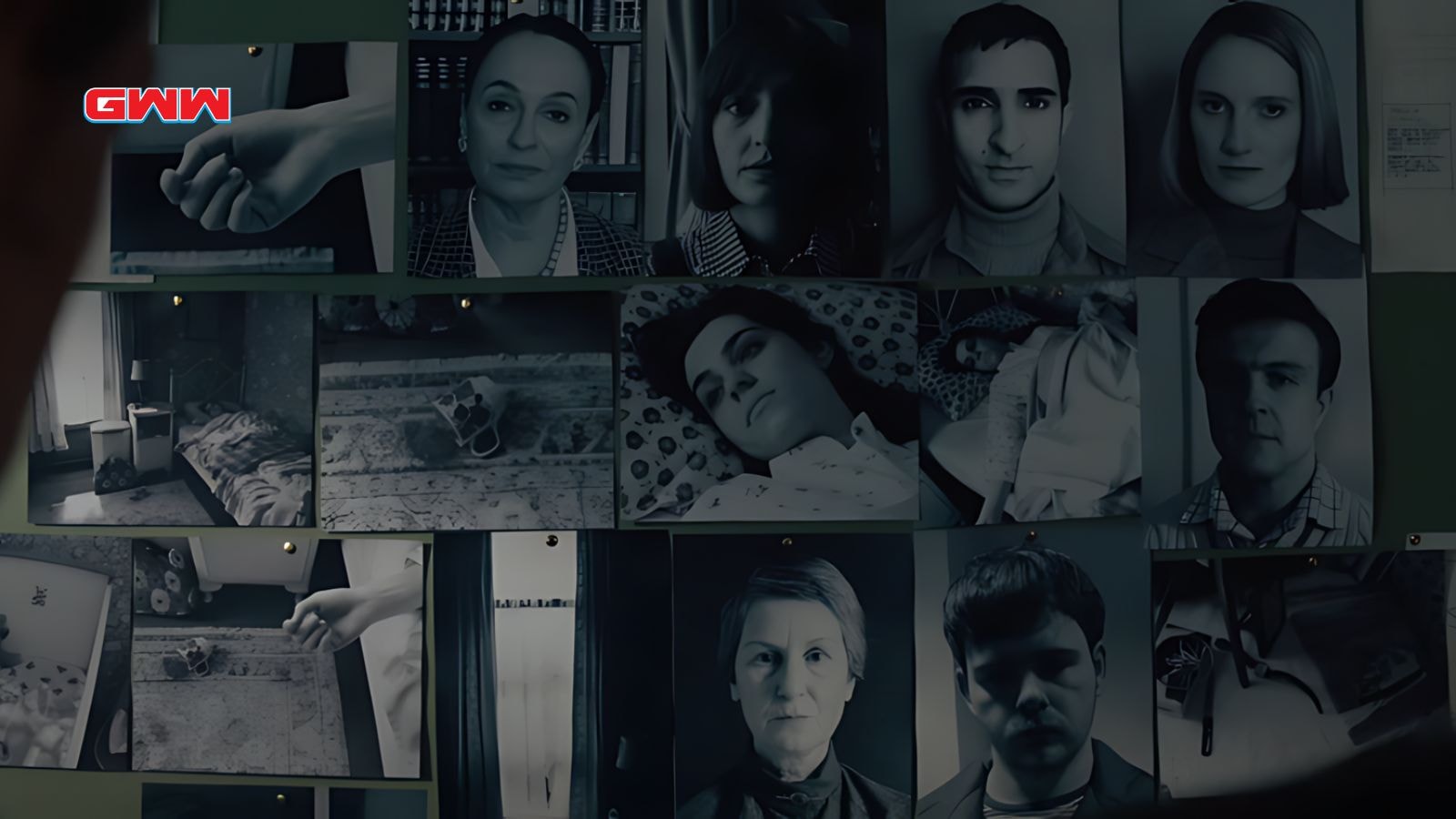 Murder Victims photos in wall in Dalgliesh Season 3