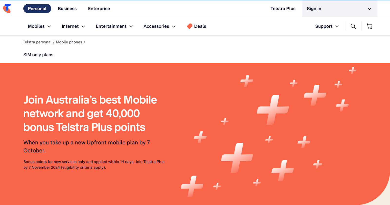 Telstra’s mobile SIMs for personal use homepage 