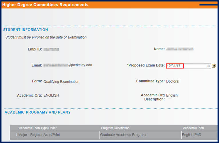 Proposed Exam Date field emphasized with red box highlight.