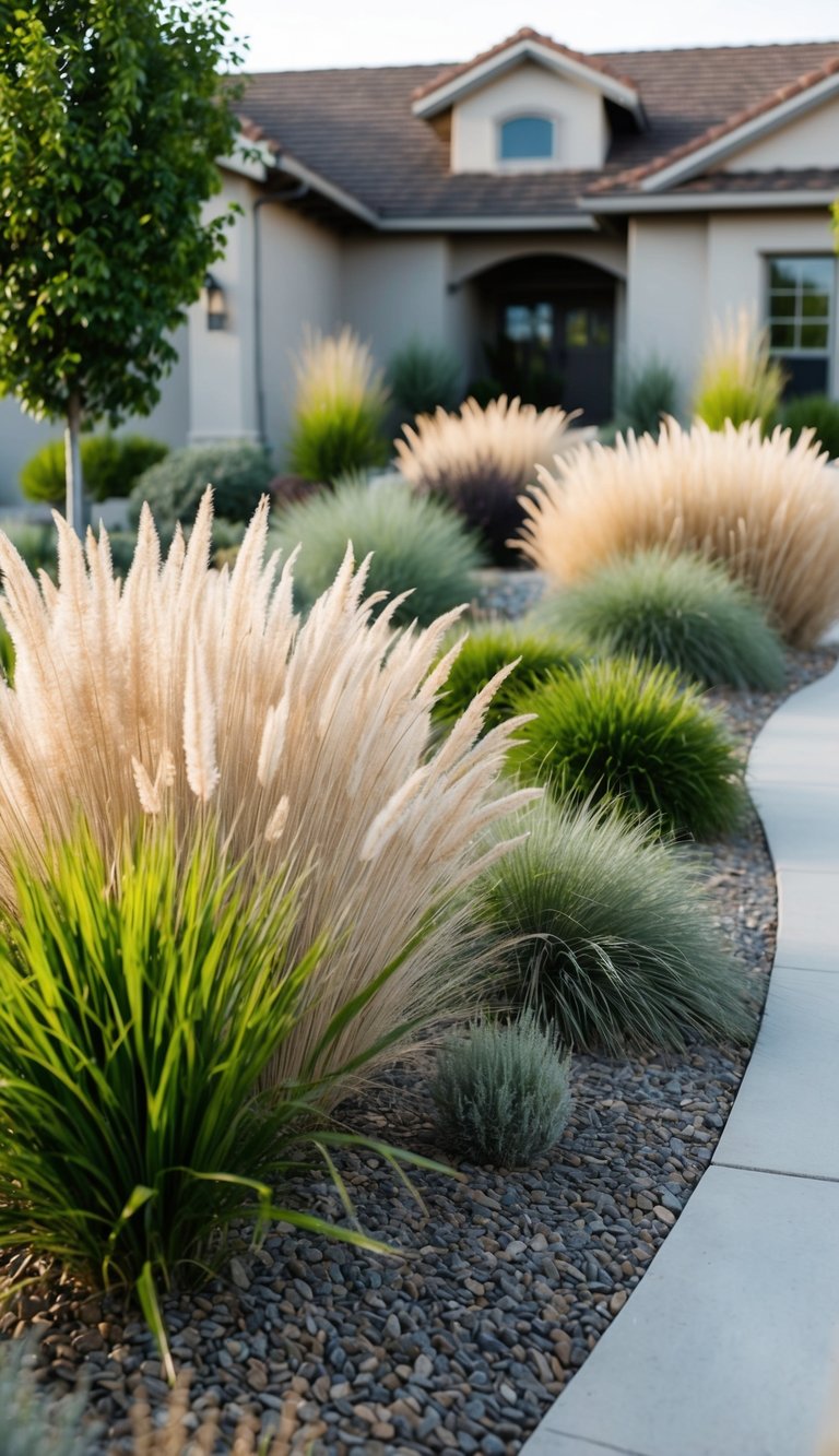 A front yard filled with various types of ornamental grasses, arranged in a drought-tolerant landscape design