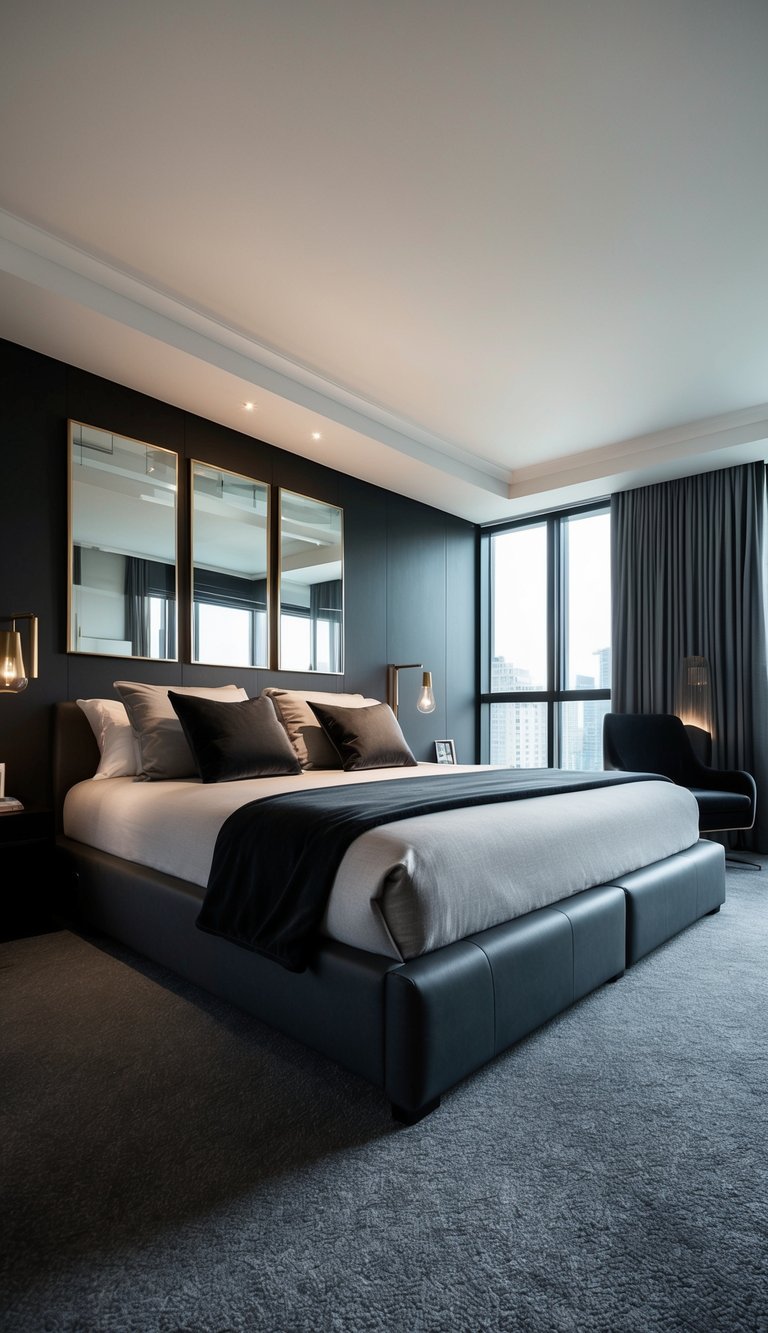 A sleek bedroom with slate gray carpeting, featuring a modern black and gray color scheme