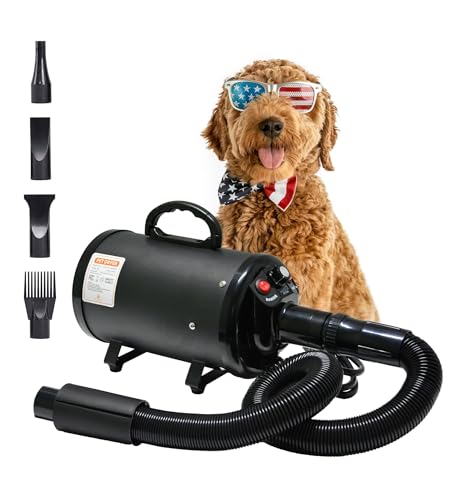 Dog Dryer for Pet Grooming - Professional High Velocity Blow Dryer for Dogs - Pet Hair Dryer Blower - Dog Blow Dryer Heater with 4 Different Nozzles