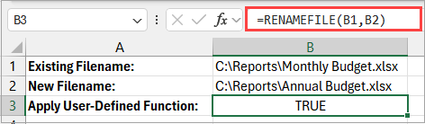 Using UDF VBA formula to rename file