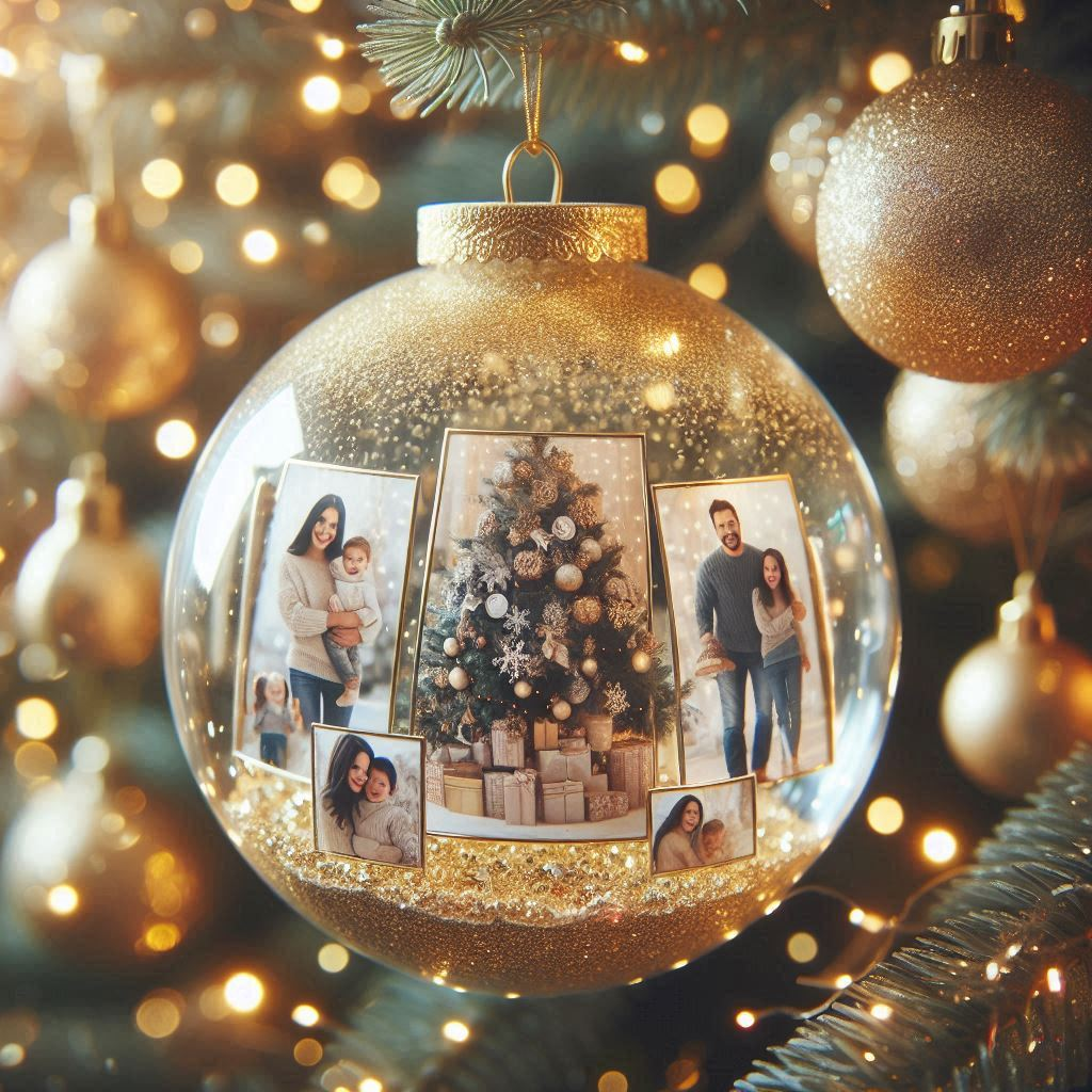 Bola de Natal personalizada com fotos e glitter dourado, pendurada em uma árvore iluminada