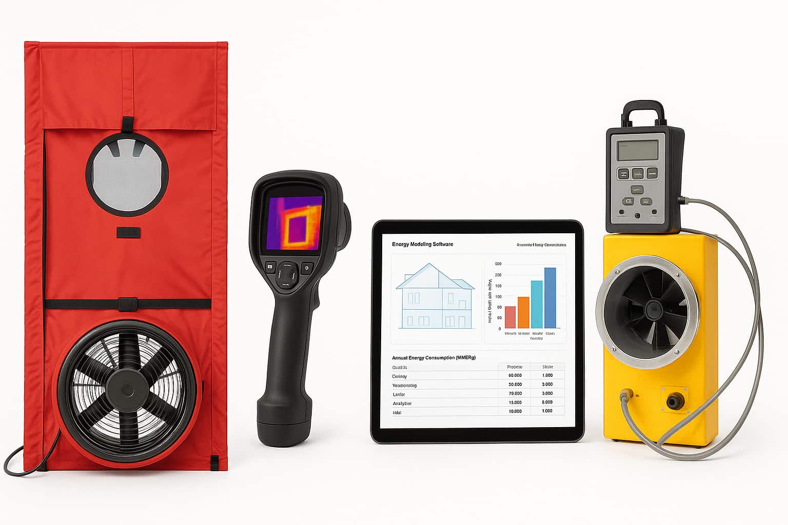 Professional home energy audit diagnostic tools including blower door, thermal camera, and energy modeling software for solar assessments.