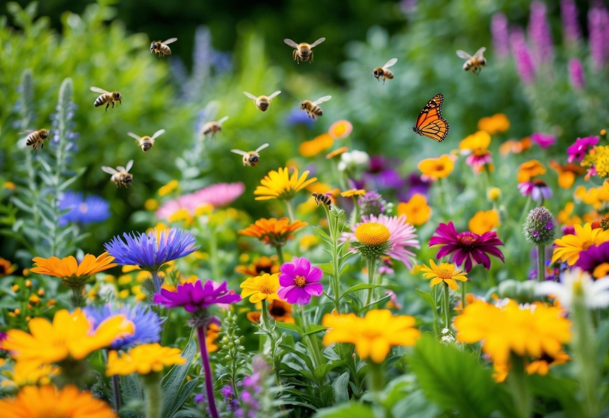 A garden filled with colorful flowers, buzzing bees, and fluttering butterflies. A variety of plants and flowers are arranged in a way that attracts and supports pollinators