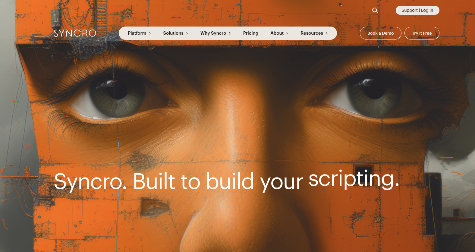 Screenshot of Syncro - Best IT reporting tool for small MSPs. It says, "Syncro. Built to build your scripting."