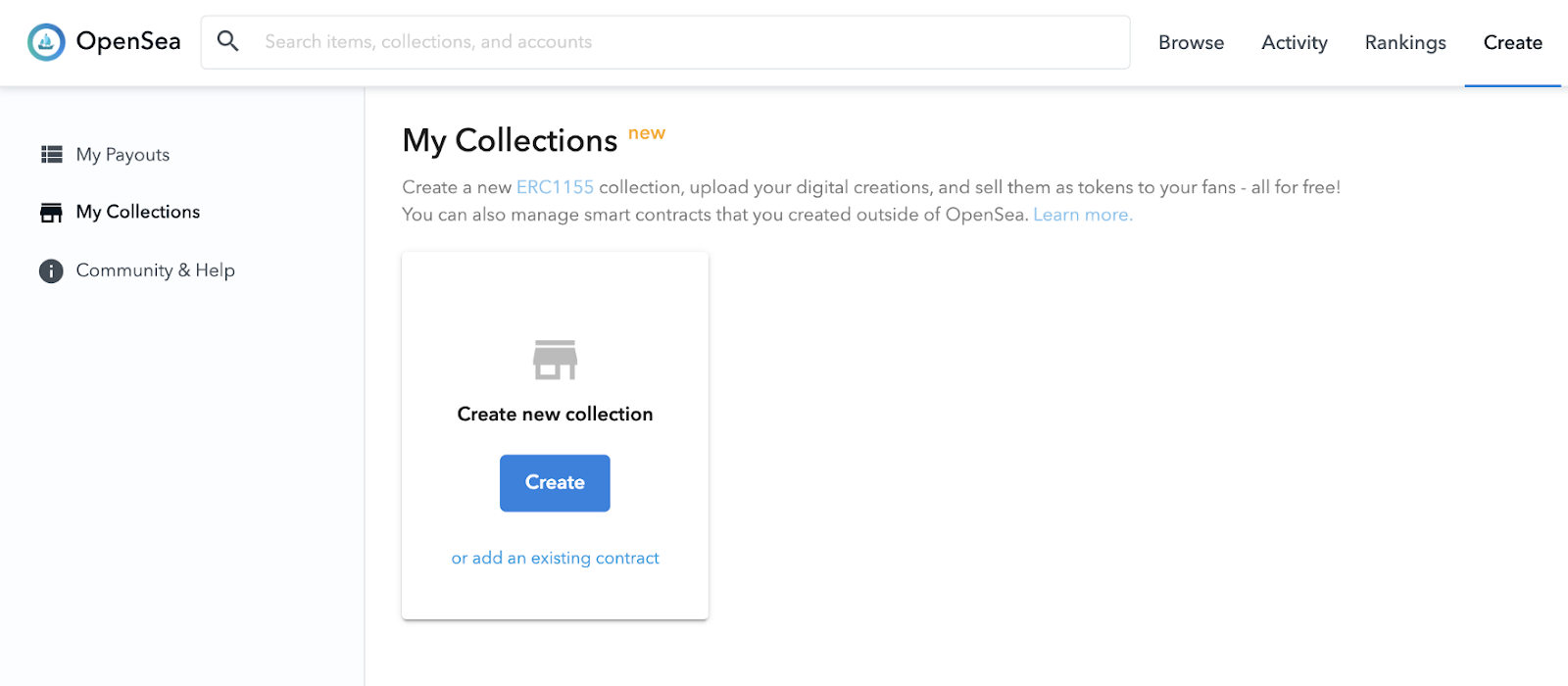 Screenshot of "my collections" tab on OpenSea platform