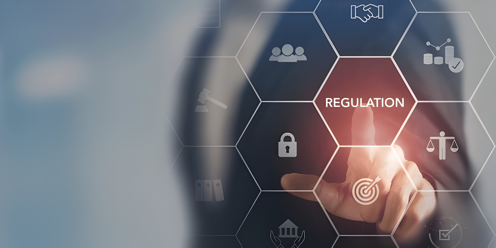 A hand pointing to a digital interface with the word 'Regulation' highlighted, surrounded by icons symbolizing corporate disclosure, legal compliance, and governance.