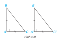 BÀI 15. CÁC TRƯỜNG HỢP BẰNG NHAU CỦA TAM GIÁC VUÔNG1. BA TRƯỜNG HỢP BẰNG NHAU CỦA TAM GIÁC VUÔNGBài 1: Hai tam giác vuông ABC (vuông tại đỉnh A) và A’B’C’ (vuông tại đỉnh A’) có các cặp cạnh góc vuông bằng nhau: AB = A B', AC = A'C' (H.4.45). Dựa vào trường hợp bằng nhau cạnh - góc - cạnh của hai tam giác, hãy giải thích vì sao hai tam giác vuông ABC và ABC bằng nhau.Đáp án chuẩn: ΔABC=ΔA'B'C' (c.g.c)Bài 2: Hai tam giác vuông ABC (vuông tại đỉnh A) và ABC vuông tại đỉnh A) có tương ứng một cạnh góc vuông và một góc nhọn kề với cạnh ấy bằng nhau: AB = A'B', góc B = góc B’ (H.4.46).Dựa vào trường hợp bằng nhau góc cạnh - góc của hai tam giác, hãy giải thích vì sao hai tam giác vuông ABC và ABC bằng nhau.Đáp án chuẩn: ΔABC=ΔA'B'C' (g.c.g)Bài 3: Quay lại tình huống mở đầu, ta thấy mỗi chiếc cột với bóng của nó tạo thành hai cạnh góc vuông của một tam giác vuông. Hai tam giác vuông này có hai cặp cạnh tương ứng bằng nhau và hai góc ở đỉnh chiếc cột của hai tam giác vuông này cũng bằng nhau. Vậy lí do mà bạn Tròn đưa ra có đúng không?Đáp án chuẩn: Lí do bạn Tròn đưa ra là chính xác.Bài 4: Hình 4.47 mô phỏng chiều dài và độ dốc của hai con dốc bởi các đường thẳng BC, B’C’ và các góc B, B’. Khi đó AC, A’C’ mô tả độ cao của hai con dốc.a) Dựa vào trường hợp bằng nhau góc - cạnh - góc của hai tam giác, hãy giải thích vì sao hai tam giác vuông ABC và A’B’C’ bằng nhau.b) So sánh độ cao của hai con dốc.Đáp án chuẩn: a) ΔABC=ΔA'B'C' (g.c.g)b) Độ cao của hai con dốc này bằng nhau.Bài 5: Trong Hình 4.48, hãy tìm các cặp tam giác vuông bằng nhau và giải thích vì sao chúng bằng nhau.Đáp án chuẩn: ΔABC=ΔXYZ (cạnh góc vuông – góc nhọn)ΔDEF=ΔGHK (cạnh huyền – góc nhọn)ΔMNP=ΔRTS (hai cạnh góc vuông).Bài 6: Cho Oz là tia phân giác của góc xOy. Lấy điểm M trên tia Oz và hai điểm A, B lần lượt trên các tia Ox, Oy sao cho MA vuông góc với Ox, MB vuông góc với Oy(H.4.50). Chứng minh rằng MA = MB.Đáp án chuẩn: ΔOMA=ΔOMB (cạnh huyền – góc nhọn).2. TRƯỜNG HỢP BẰNG NHAU ĐẶC BIỆT CỦA TAM GIÁC VUÔNGBài 1: Vẽ tam giác vuông ABC có A = 90°, AB = 3 cm, BC = 5 cm theo các bước sau:• Dùng thước thẳng có vạch chia vẽ đoạn thẳng AB = 3 cm.• Vẽ tia Ax vuông góc với AB và cung tròn tâm B bán kính 5 cm như Hình 4.51.Cung tròn cắt tia Ax tại điểm C.•Vẽ đoạn thẳng BC ta được tam giác ABC.Đáp án chuẩn: Bài 2: Tương tự, vẽ thêm tam giác ABC có A = 90°, AB = 3 cm, BC = 5 cm.a) Dùng thước thẳng có vạch chia hoặc compa kiểm tra xem AC có bằng A'C' không?b) Hai tam giác ABC và A'B'C' có bằng nhau không?Đáp án chuẩn: a) AC = A’C’b) Bằng nhau (cặp cạnh góc vuông bằng nhau).Bài 3: Hãy chỉ ra các cặp tam giác vuông bằng nhau dưới đây.Đáp án chuẩn: + ΔABC=ΔGHK + ΔDEF=ΔMNPBài 4: Cho ba điểm A, B, C nằm trên đường tròn tâm O và các điểm M, N, P như Hình 4.54. Hãy chỉ ra ba cặp tam giác vuông bằng nhau trong hình.Đáp án:ΔOAP=ΔOBP .ΔOAN=ΔOCN ΔOBM=ΔOCM Bà 5: Có hai chiếc thang dài như nhau được dựa vào một bức tường với cùng độ cao BH = B’H’ như Hình 4.55. Các góc BAH và B'A'H có bằng nhau không? Vì sao?Đáp án chuẩn: HAB=H'A'B'.BÀI TẬP CUỐI SGK