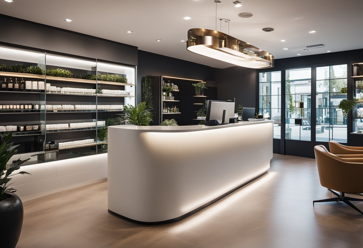 A busy salon reception desk with a sleek, modern point of sale system. Stylish products are displayed on shelves behind the counter