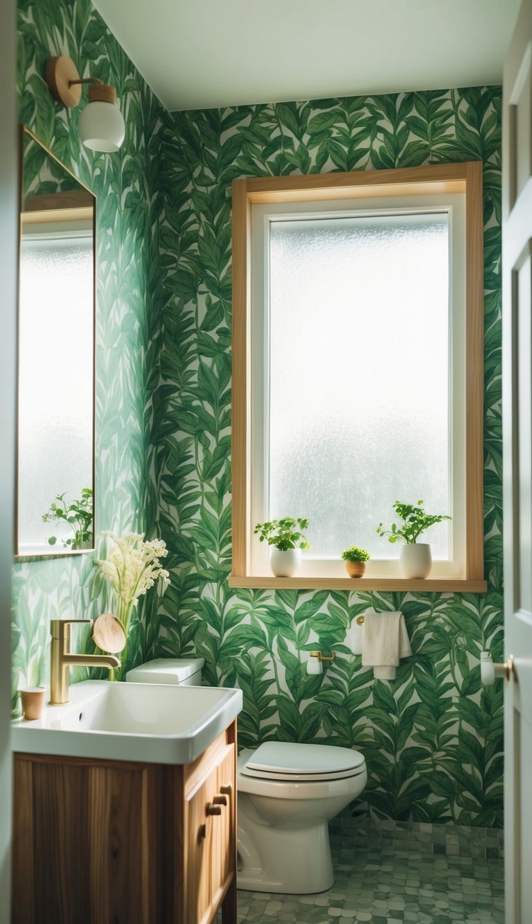 A serene green bathroom with leafy wallpaper, white fixtures, and natural wood accents. Sunlight streams in through a frosted window, casting a soft glow over the space