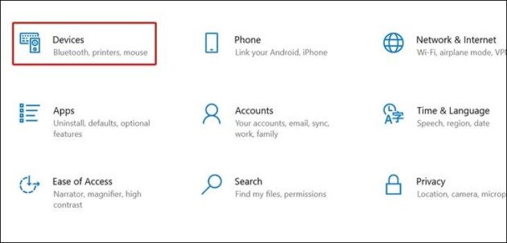 Mở ứng dụng Settings, chọn Devices