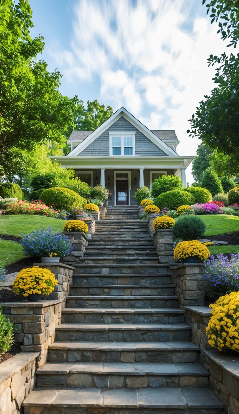 A stone staircase leads up to a charming house nestled among lush landscaping, with colorful flowers and shrubs lining the pathway