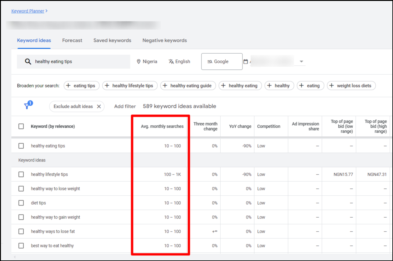Google Keyword Planner — Keyword average monthly searches