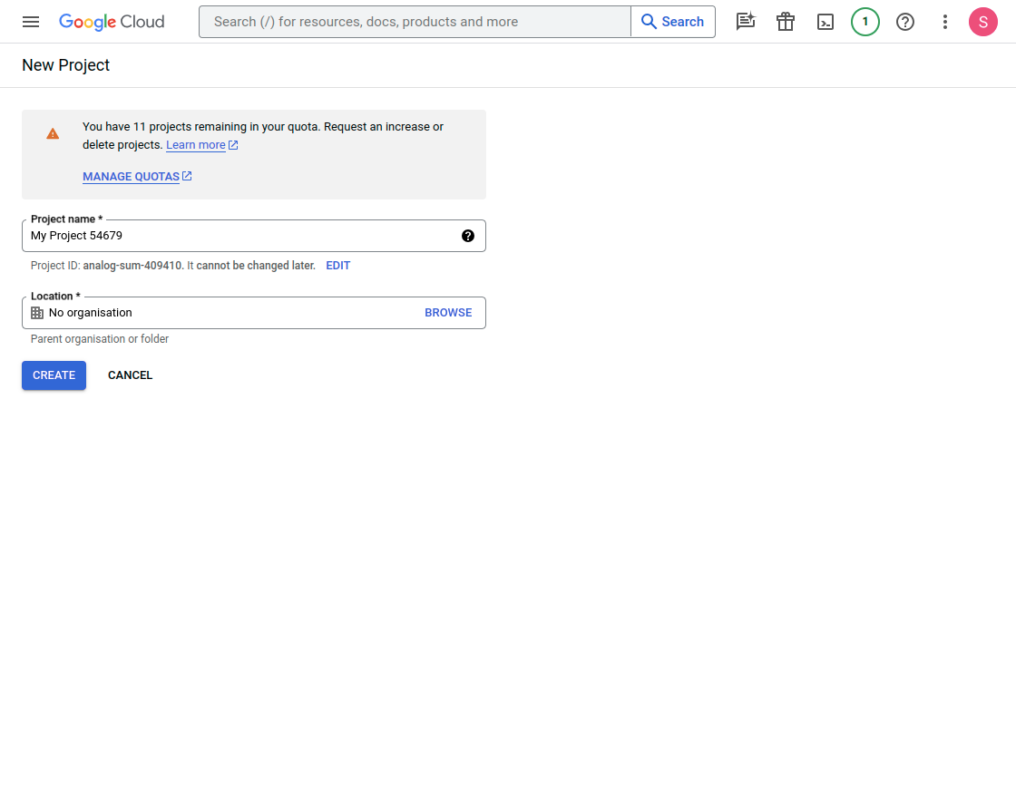 Google Cloud Console New Project