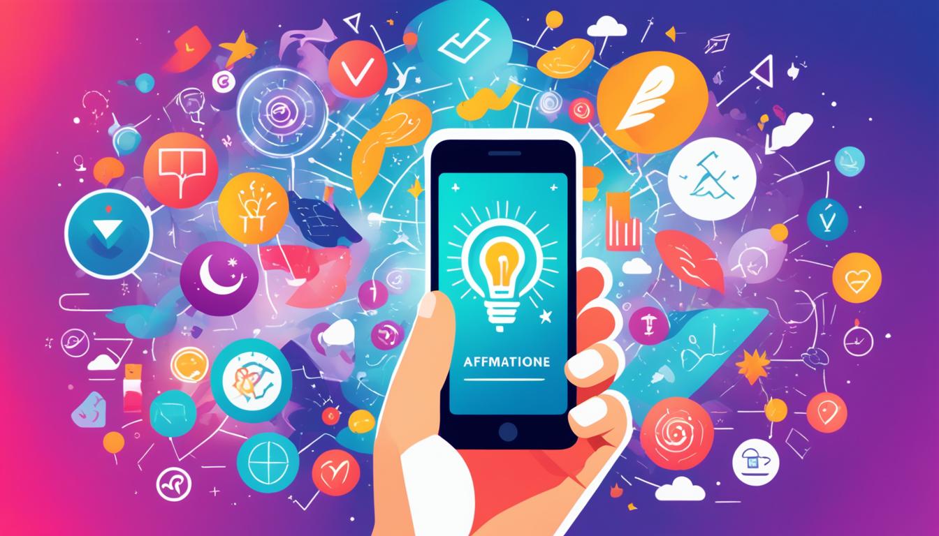 A hand reaching out to hold a smartphone, surrounded by imagery related to the power of positive thinking. In the background, show symbols of manifestation techniques such as affirmations, manifestation journal, and visualization exercises. Use bright and bold colors to convey positive energy and optimism.