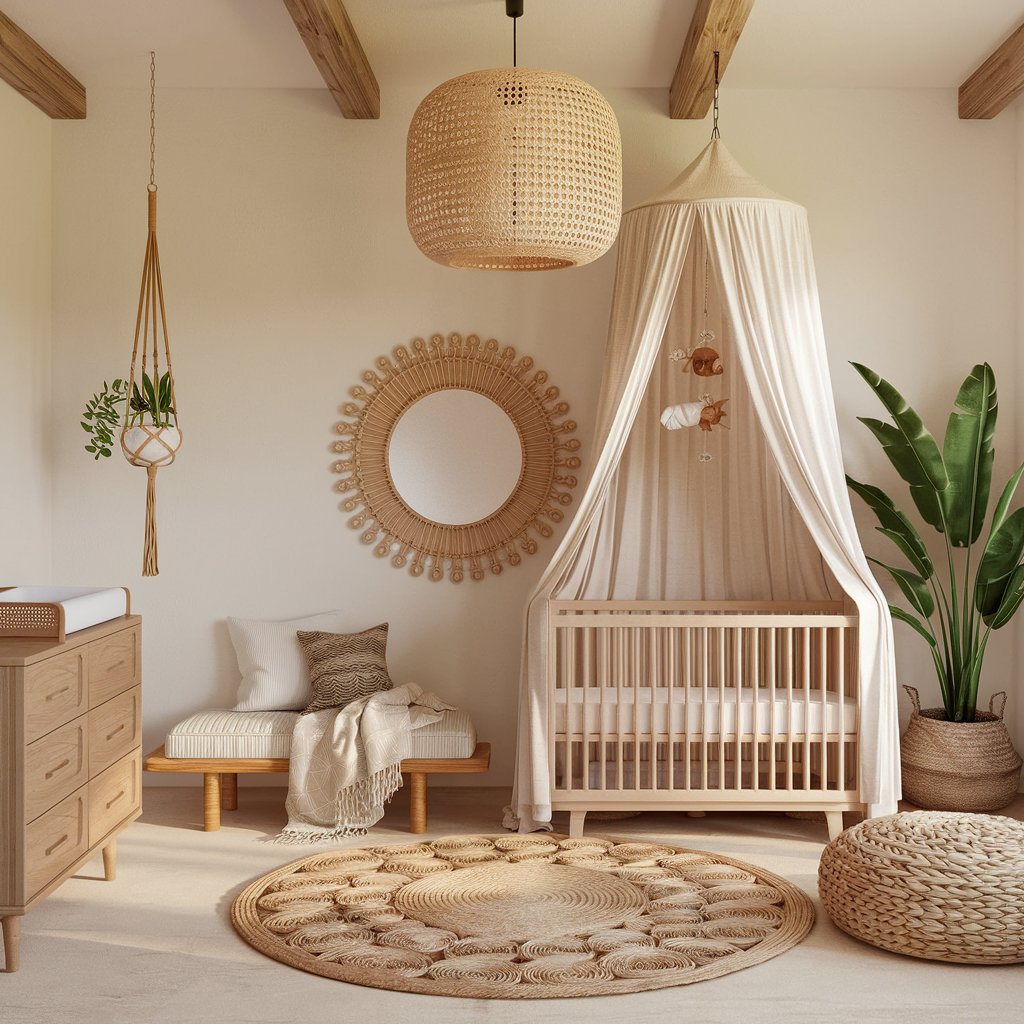 White and beige color palette dominated with natural elements like wooven cushion and wooden drawers with hanging and floor plants; a complete boho retreat in action!