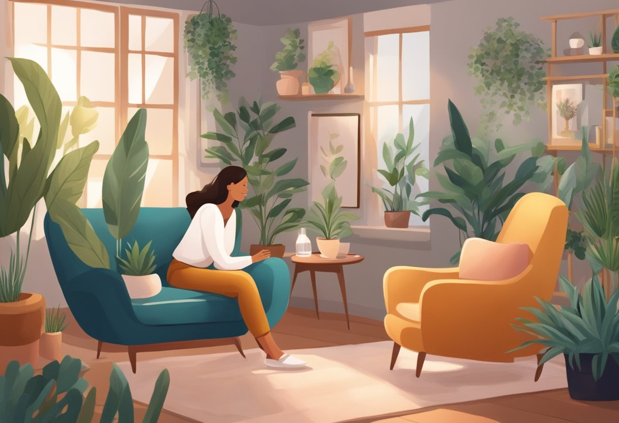 A cozy room with soft lighting, a comfortable chair, and a warm, inviting atmosphere. A therapist and client engage in deep conversation, surrounded by plants and calming decor