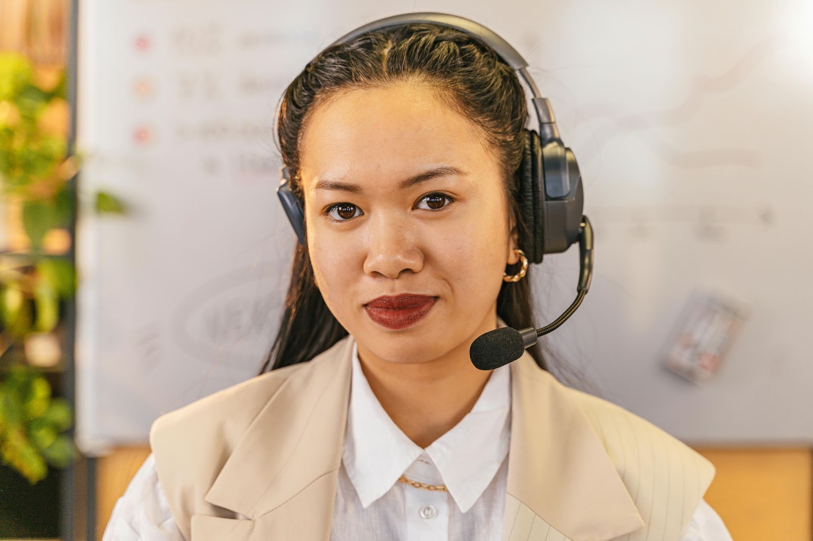 A lady with a microphone headset on.