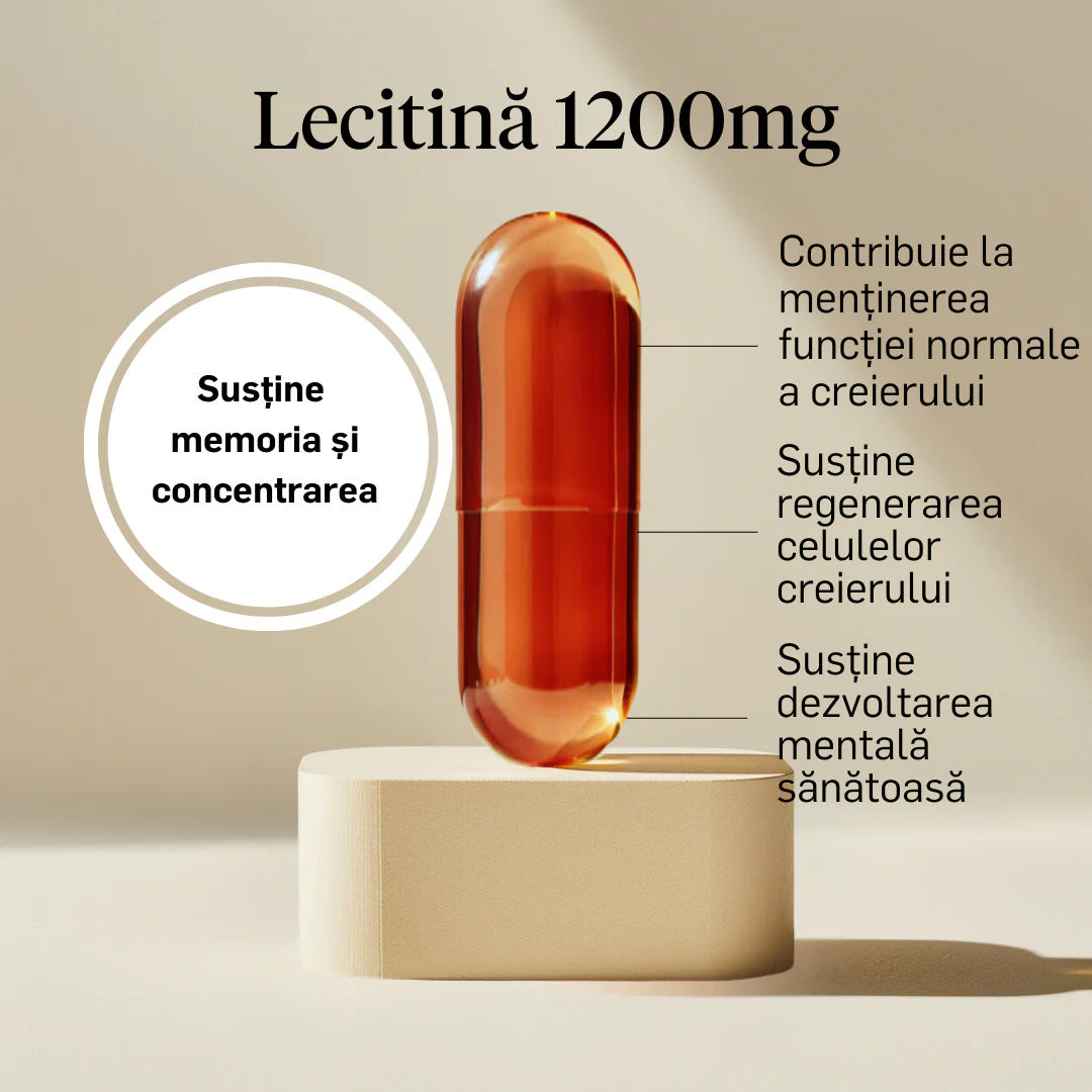 A photorealistic shot of lecithin 1200mg capsules displayed against a soft, natural background. The capsules are arranged to highlight their shape and texture, with a focus on the label details. The lighting is gentle and diffused, creating a warm and inviting feel. The composition emphasizes the natural and health-oriented aspects of the supplement. Focus on the brand Zitamine.
