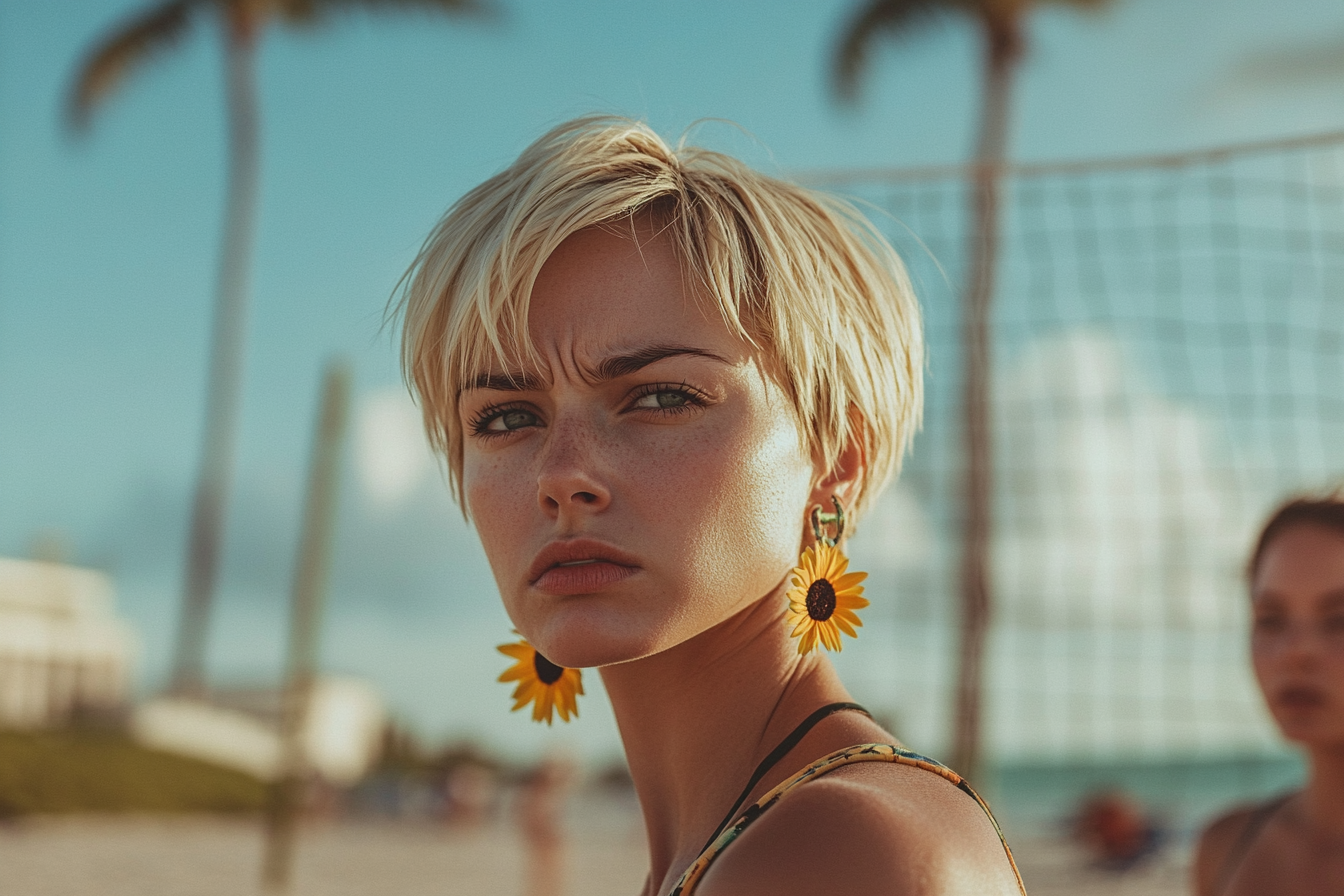 Woman in her 30s walking away from a volleyball court on the beach but looking thoughtfully back | Source: Midjourney