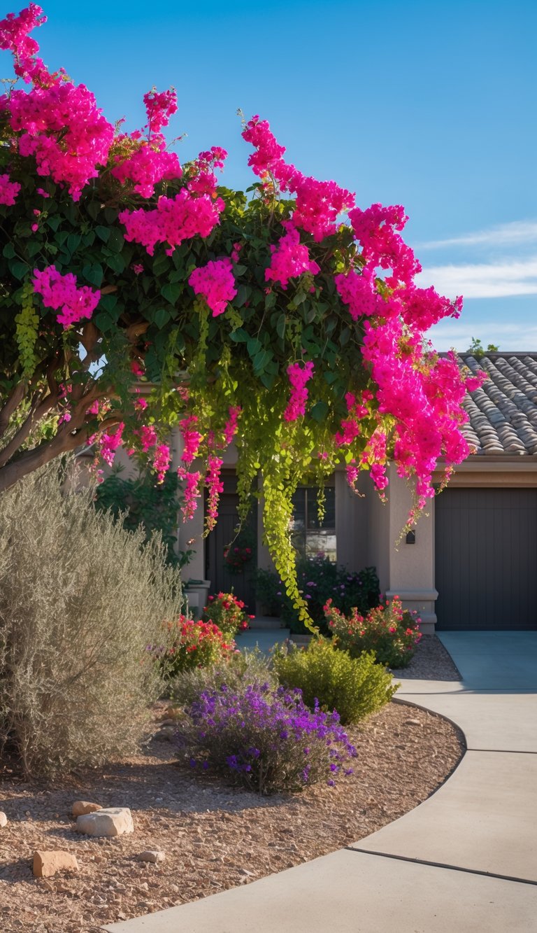 Bougainvillea vines cascade over a dry, sun-soaked front yard landscape, with vibrant bursts of pink, purple, and red flowers against a backdrop of arid, drought-tolerant foliage