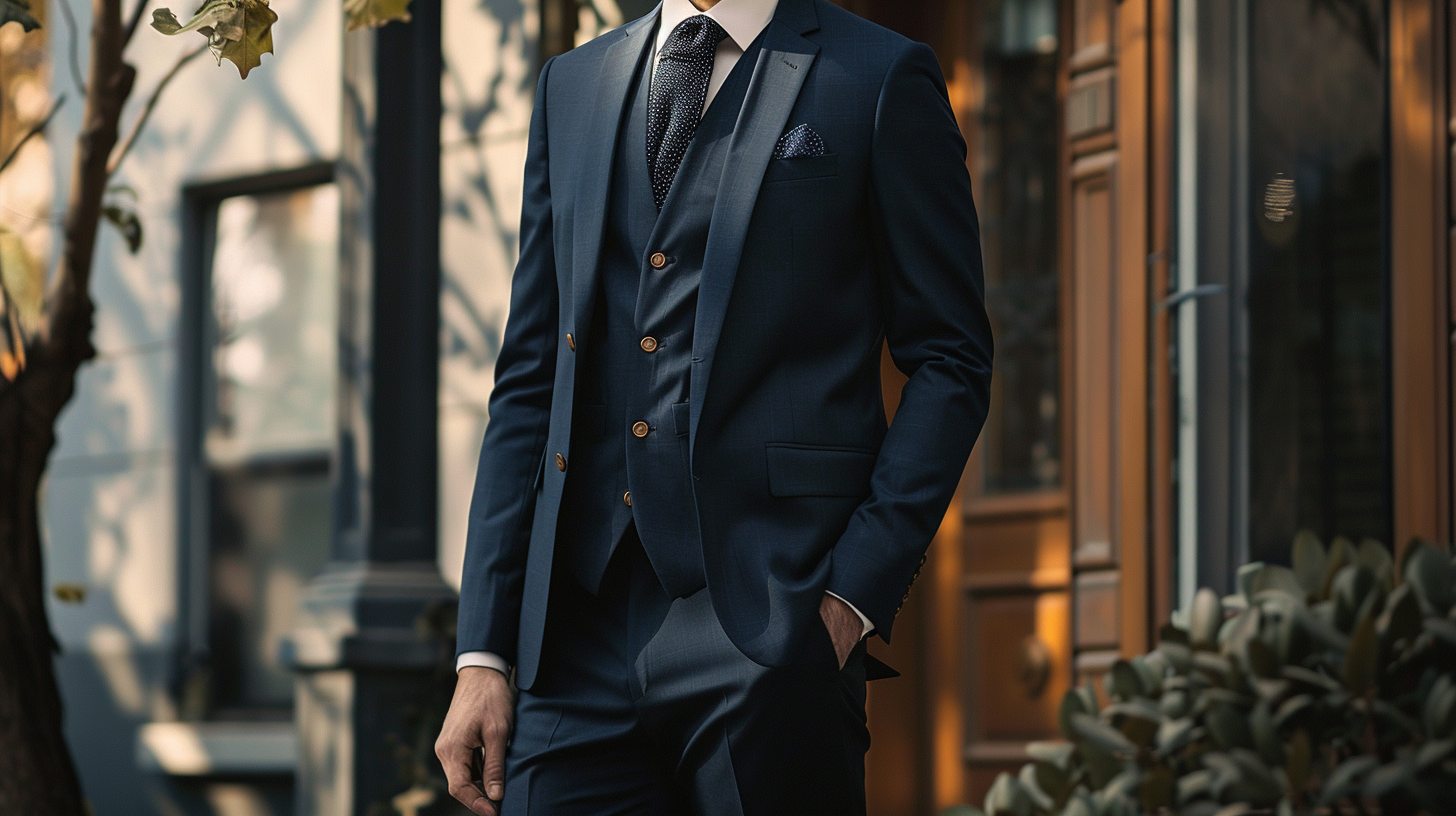 A man wearing a traditional two-piece suit, matching jacket and trousers, styled for a business or wedding setting, simple and polished, neutral tones like navy or grey, daytime indoor or outdoor scene