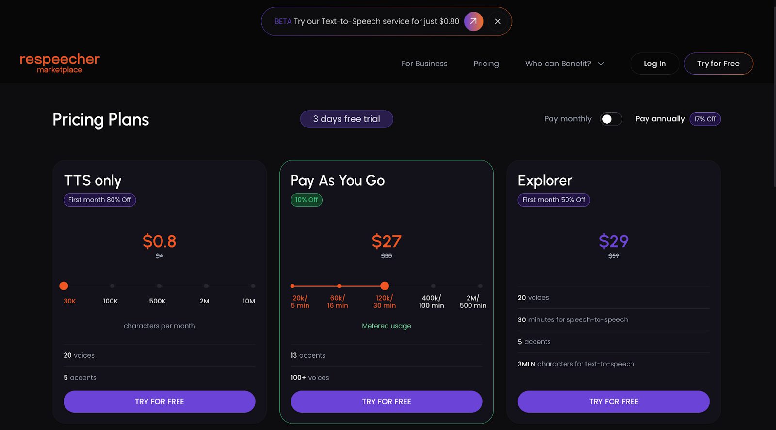 Respeecher Marketplace pricing page showing three subscription tiers: TTS only ($0.8), Pay As You Go ($27), and Explorer ($29). Features dark theme with pricing tables displaying usage limits, voice counts, and accents available. Includes promotional banner for Text-to-Speech beta service and payment frequency toggle with 17% annual discount option.