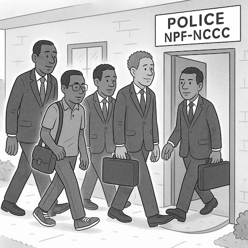 The ICIR became the story itself as our Executive Director, Dayo Aiyetan, and young reporter Nurudeen Akewushola responded to a "fact-finding invitation" at the Nigeria Police Force – National Cybercrime Centre (NPF-NCCC). Image generated using AI with prompt from Bamas Victoria
