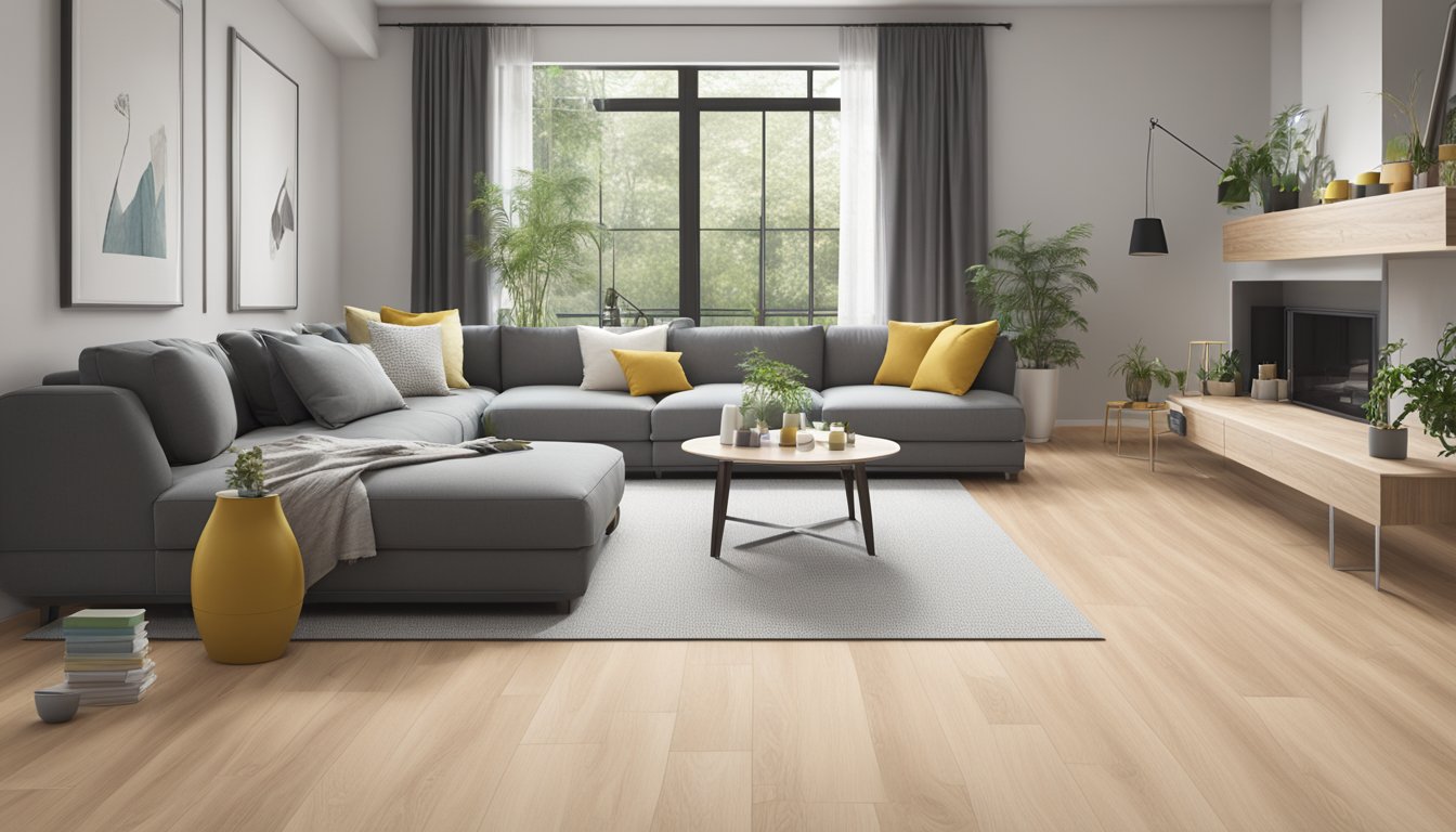 A modern living room with SPC flooring, showcasing its durability and water resistance. Various flooring samples and a measuring tape are nearby