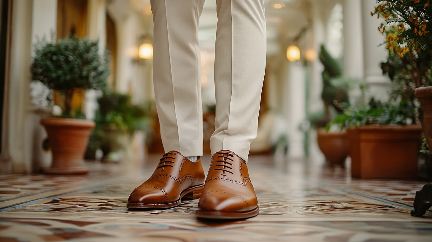 
A groom in a sharp white suit, wearing oxblood or burgundy leather shoes that add a bold and rich contrast to the look. The deep color of the shoes enhances the white suit, providing an elegant and striking touch. The burgundy shoes exude confidence and style, complementing the groom’s sophisticated appearance. The refined wedding venue, with its soft lighting and luxurious décor, highlights the groom’s bold yet classy wedding ensemble