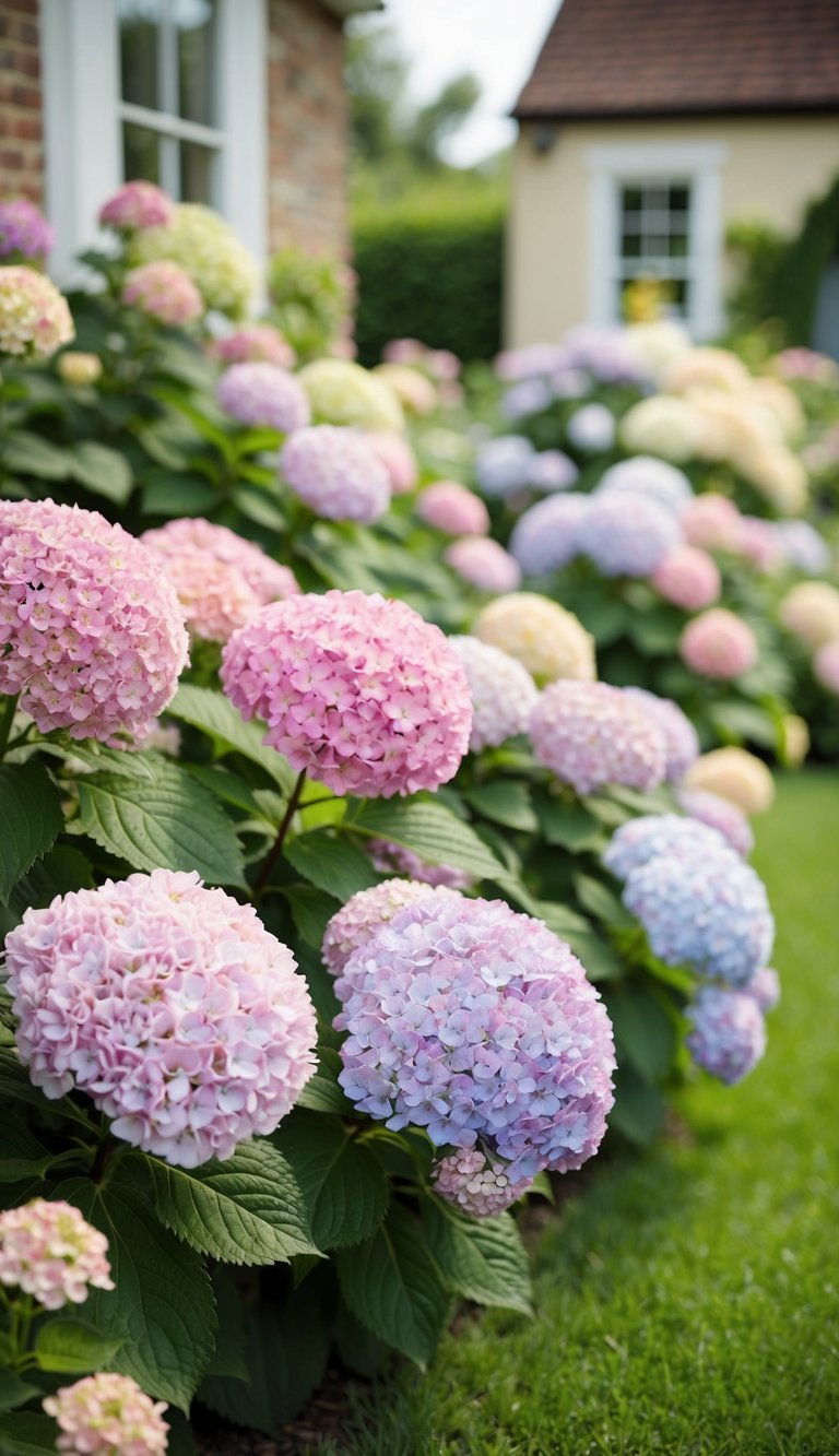 A quaint cottage garden with a profusion of pastel hydrangeas in full bloom, creating a vintage and charming landscape