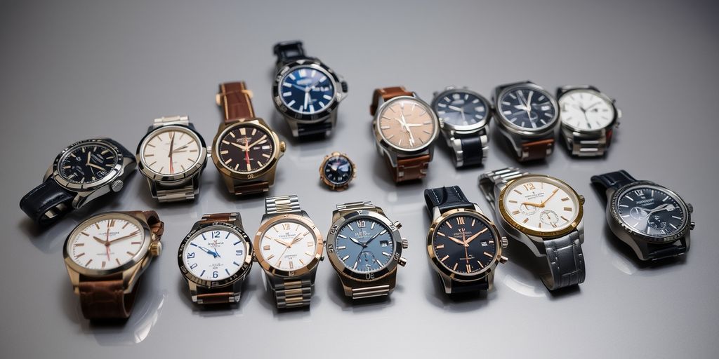 Collection of luxury watches on a modern surface.